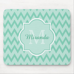 Trendy Mint Green Chevron Zigzag Name and Monogram Mouse Pad