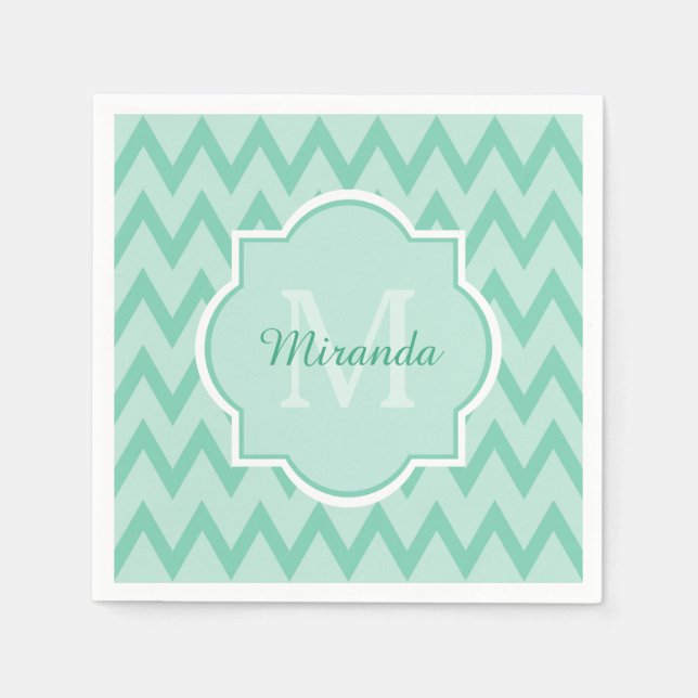 Trendy Mint Green Chevron Zigzag Name and Monogram Napkin (Front)