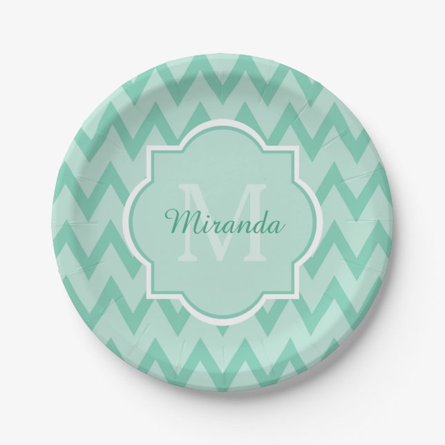 Trendy Mint Green Chevron Zigzag Name and Monogram Paper Plate (Front)