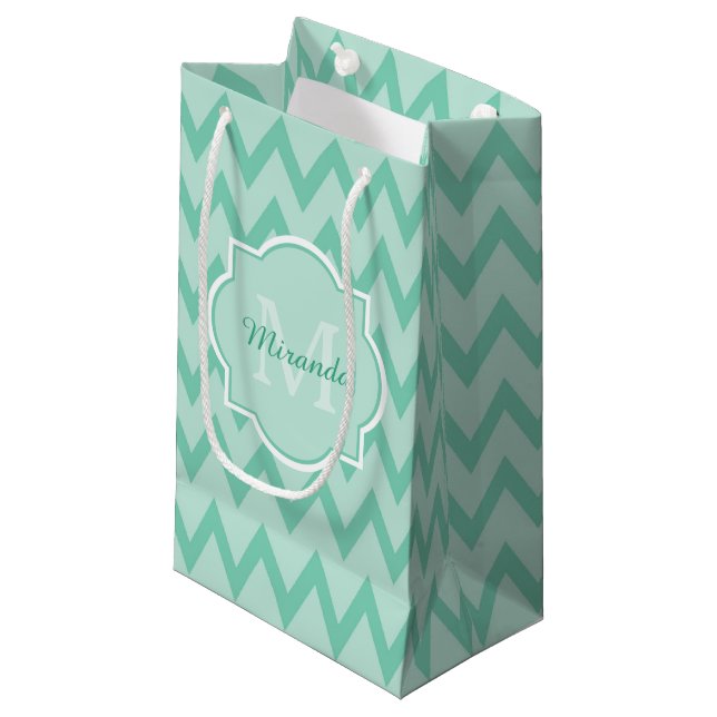 Trendy Mint Green Chevron Zigzag Name and Monogram Small Gift Bag (Front Angled)