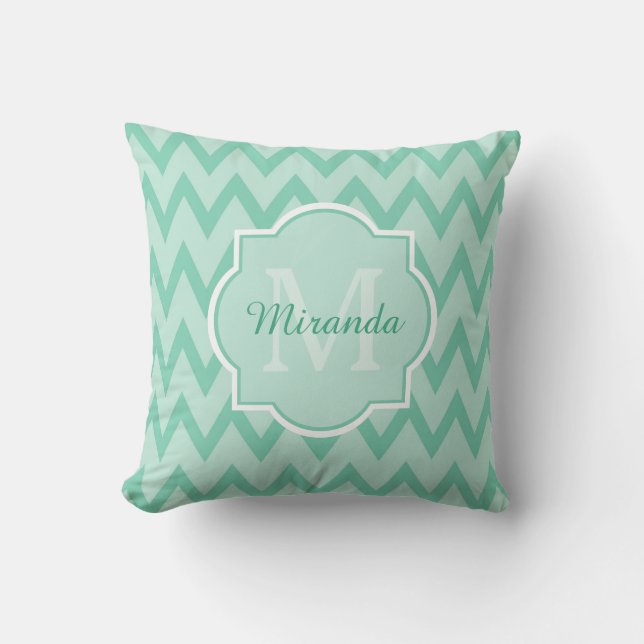 Trendy Mint Green Chevron Zigzag Name and Monogram Throw Pillow (Front)