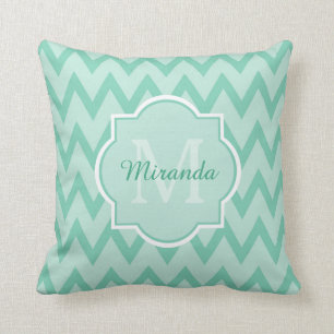 Trendy Mint Green Chevron Zigzag Name and Monogram Throw Pillow