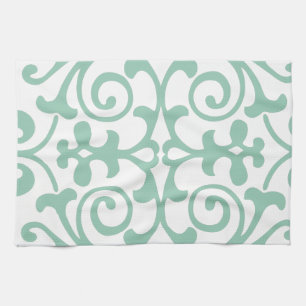 Trendy Mint Green Damask Pattern Kitchen Towel