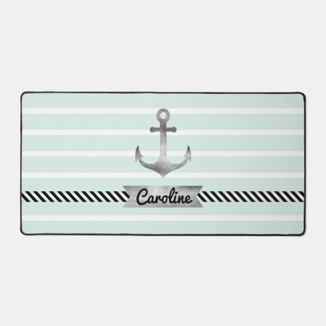 Trendy Mint Green Stripes et Watercolor Ancre (Recto)