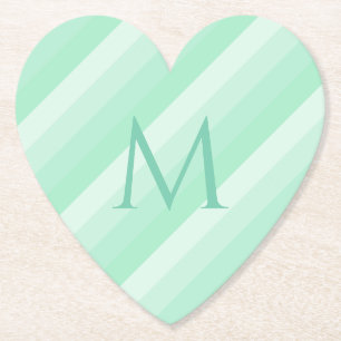 Trendy Mint Green Stripes Modern Monogram Template Paper Coaster