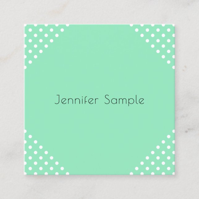 Trendy Mint Green White Dots Elegant Template Square Business Card (Front)