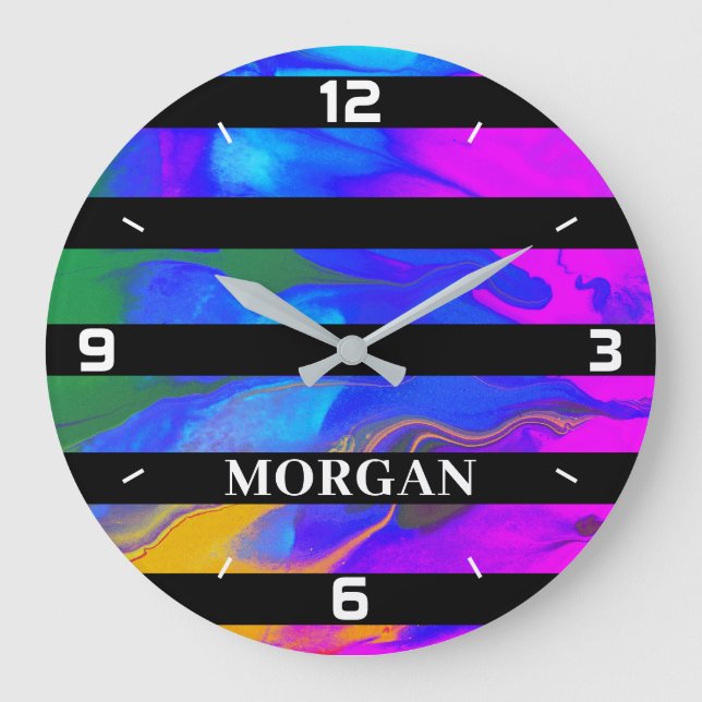 Trendy Modern Abstract, Black Lines, White Name Large Clock (Front)
