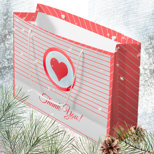 Trendy Modern Big Red Heart Striped Thank You Large Gift Bag