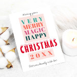 Trendy modern big typography Christmas greetings Holiday Card<br><div class="desc">Bold typography script and a warm orange, teal blue, hunter green, pink and red colour palette making a modern contemporary style Christmas family or business corporate greeting non photo card. Personalize it with your text and signature in a hand lettered handwritten script! The card has a light pink blush colour...</div>