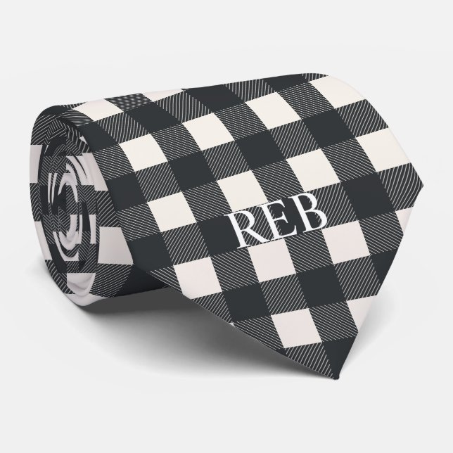 TRENDY MODERN BLACK AND WHITE PLAID MONOGRAMMED TIE (Rolled)