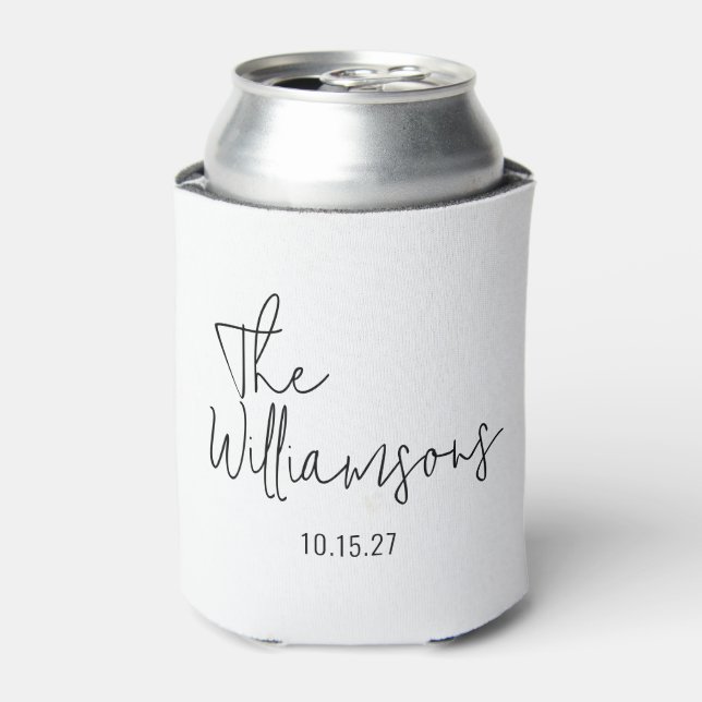 Trendy Modern Black and White Script Wedding Can Cooler (Can Front)