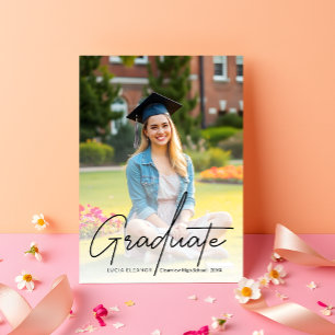 Trendy Modern Black Script Two Photo Graduation Announcement
