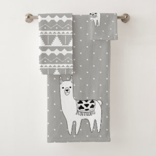 Trendy Modern Black & White Aztec Llama Bath Towel Set