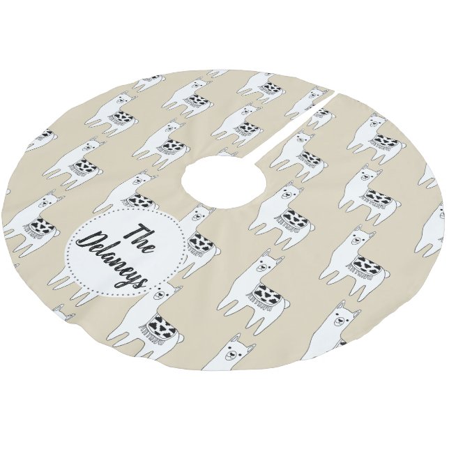 Trendy Modern Black & White Llamas Family Brushed Polyester Tree Skirt (Angled)
