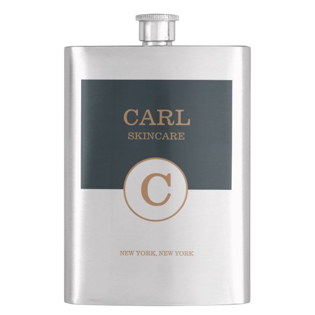 Trendy Modern Blue Gold Beauty Salon Monogram Logo Hip Flask (Front)
