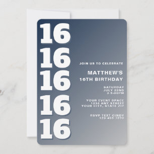 Trendy Modern Blue Grey Gradient 16th Birthday Invitation