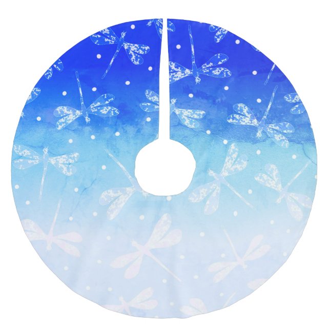 Trendy modern blue ombre dots and dragonflies brushed polyester tree skirt (Front)