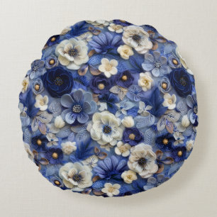 Trendy Modern Blue White 3D Floral Pattern Round Pillow
