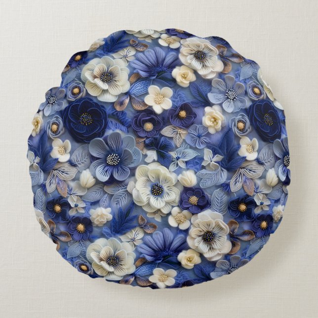 Trendy Modern Blue White 3D Floral Pattern Round Pillow (Front)