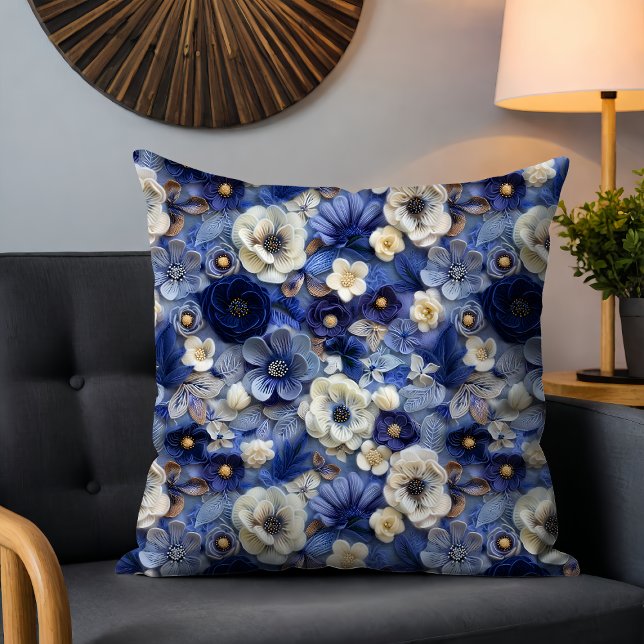 Trendy Modern Blue White 3D Floral Pattern Throw Pillow (Creator Uploaded)