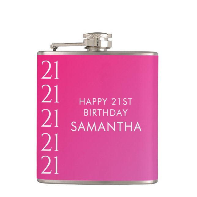 Trendy Modern Bold Pink Gradient 21st Birthday Hip Flask (Front)