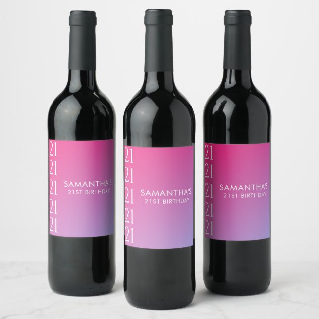 Trendy Modern Bold Pink Gradient 21st Birthday Wine Label (Bottles)