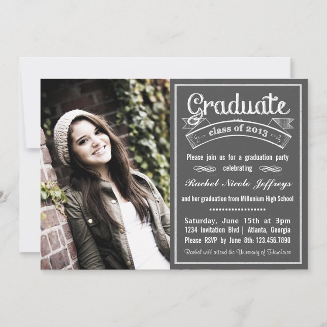 Trendy Modern Chalkboard Typography Graduation Invitation (Front)