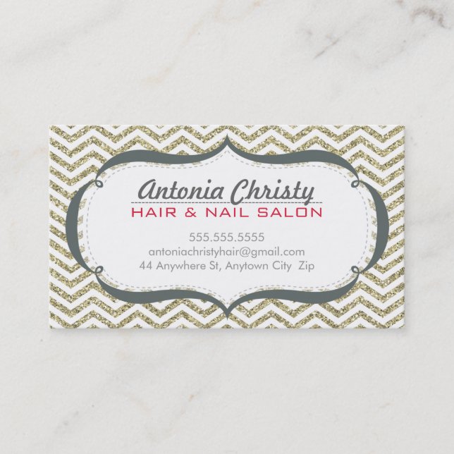 TRENDY modern chevron pattern faux gold glitter Business Card (Front)