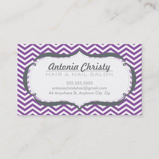 TRENDY modern chevron pattern violet purple grey Business Card (Front)
