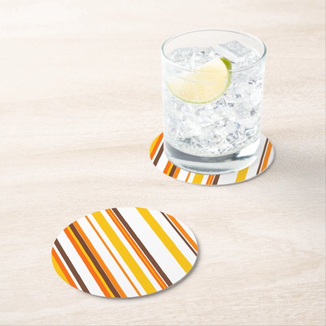Trendy Modern Chic orange and White Stripes Round Paper Coaster (Insitu)