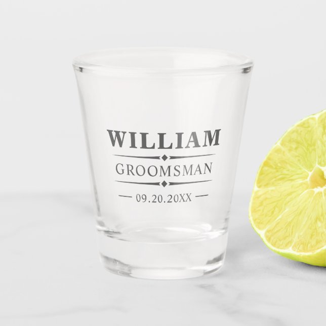 Trendy Modern Classic Personalized Groomsmen Gift Shot Glass (Front)