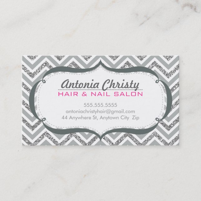 TRENDY modern cute chevron glitter silver grey Business Card (Front)