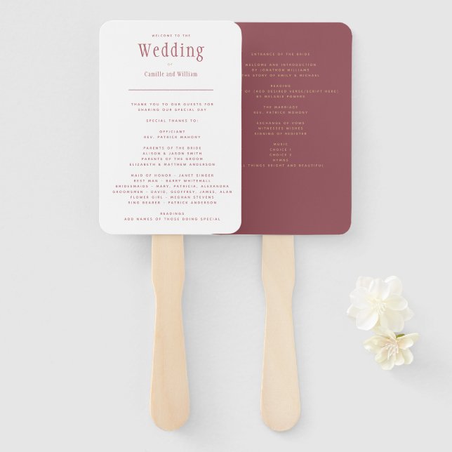 Trendy Modern Dusty Rose Pink Wedding Program Hand Fan (Front and Back)