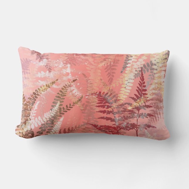 Trendy Modern Elegant Coral Pink Fern Leaves Lumbar Pillow (Front)