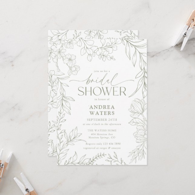 Trendy Modern Elegant Floral Classic Bridal Shower Invitation (Front/Back In Situ)