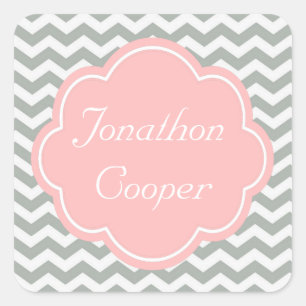 Trendy, modern, elegant grey chevron name square sticker