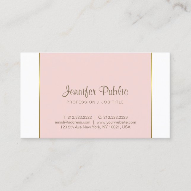 Trendy Modern Elegant Pink Gold White Sleek Plain Business Card (Front)