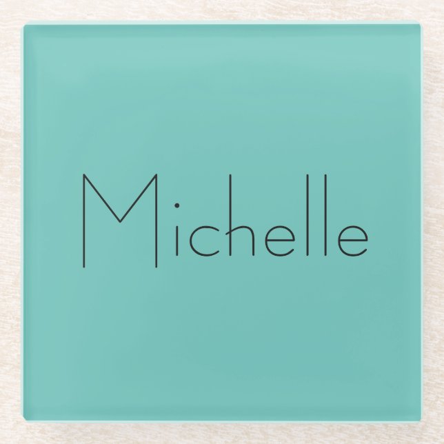 Trendy Modern Elegant Simple Blue Your Name Glass Coaster (Front)