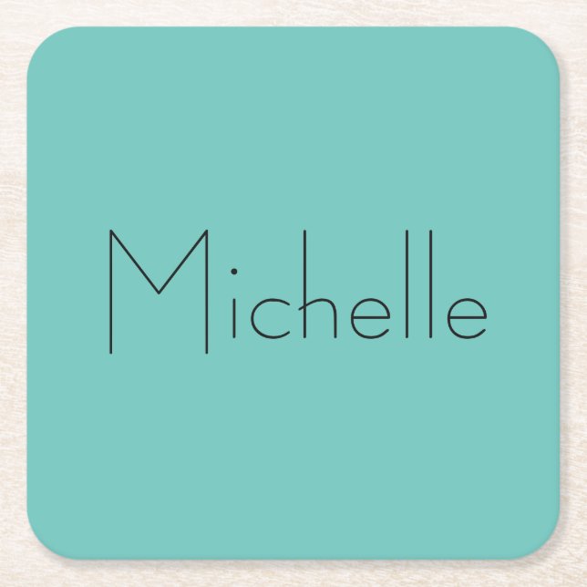 Trendy Modern Elegant Simple Blue Your Name Square Paper Coaster (Front)