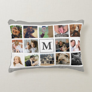Trendy Modern Family Photo Collage Monogram Accent Pillow