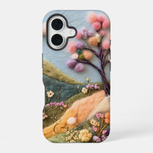 Trendy Modern Felted Floral Personalized Name iPhone 16 Case