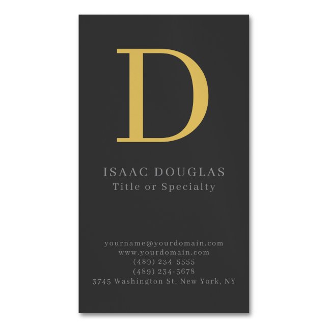 Trendy modern gray black gold bold monogram 	Magnetic business card (Front Vertical)