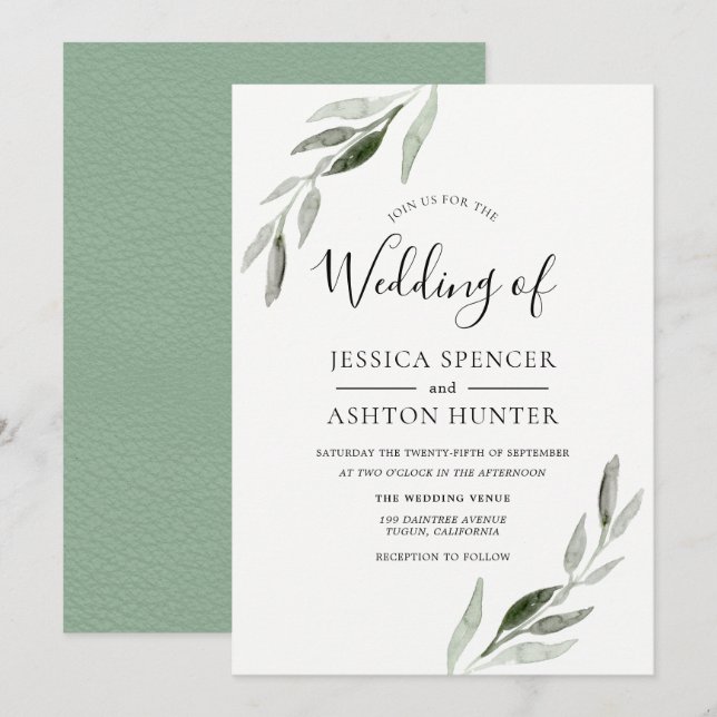 Trendy Modern Green Leaf Wedding Invitation (Front/Back)