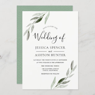 Trendy Modern Green Leaf Wedding Invitation