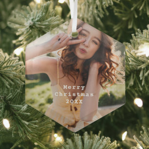 Trendy Modern Holiday Photo Typewriter Keepsake Glass Ornament