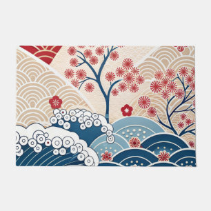 Trendy Modern Japanese Wave & Sakura Pattern  Doormat
