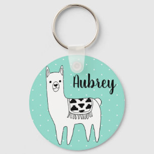 Trendy Modern Llama & Polka Dots Script Name Keychain