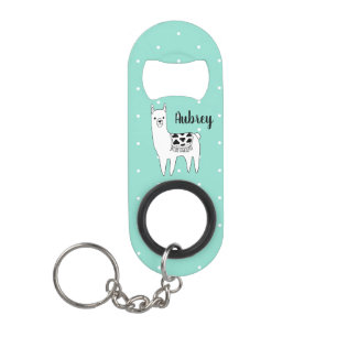 Trendy Modern Llama & Polka Dots Script Name Keychain Bottle Opener