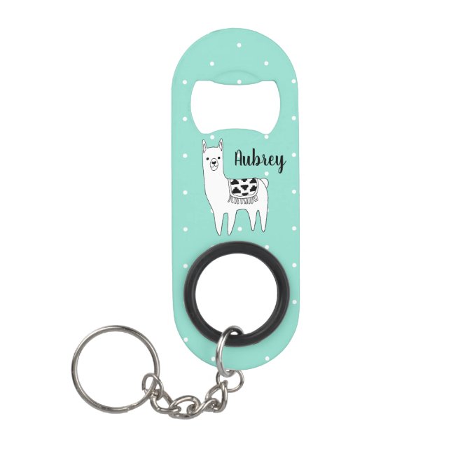 Trendy Modern Llama & Polka Dots Script Name Keychain Bottle Opener (Front)