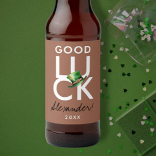 Trendy Modern Luck Mocha Brown Green Irish Hat Beer Bottle Label